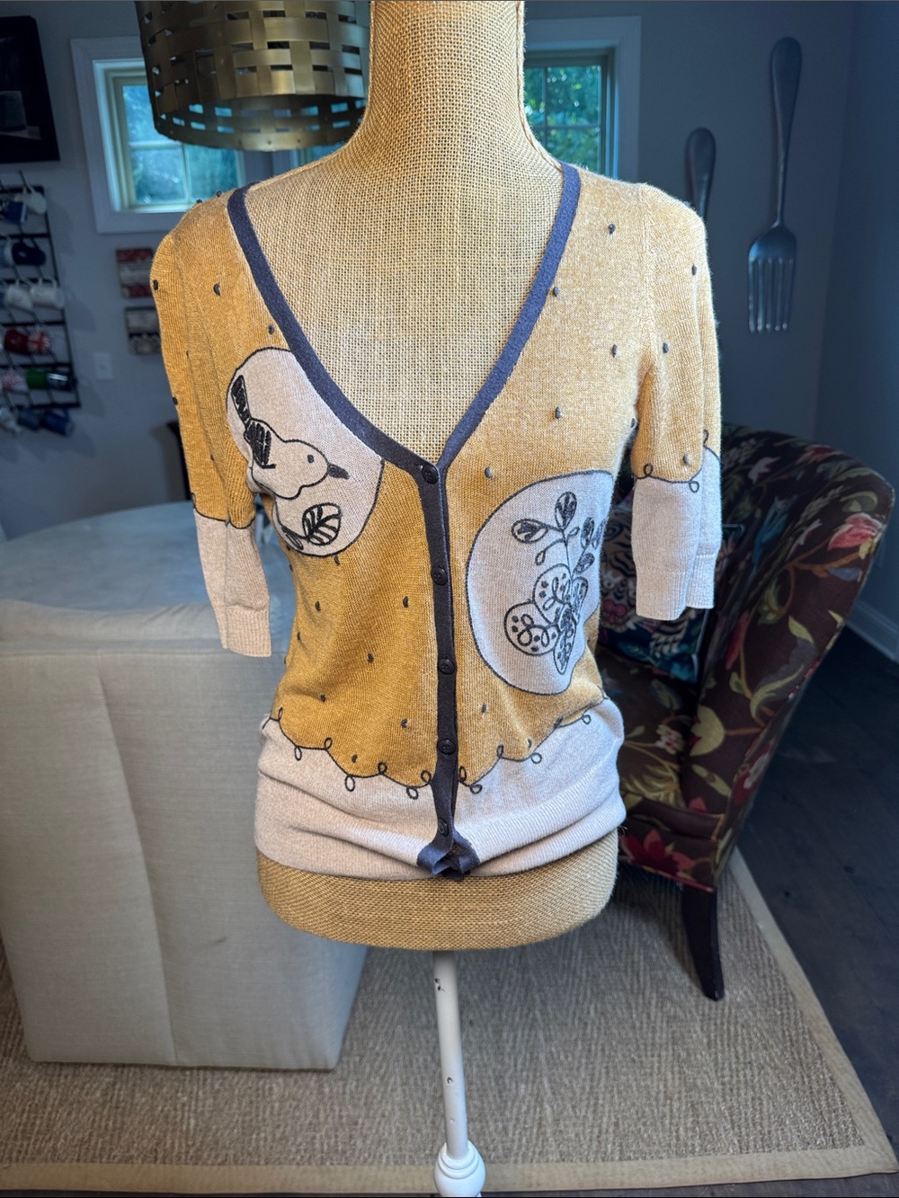 Anthropology Whimsical Yellow & Cream Button-Up Cardigan medium